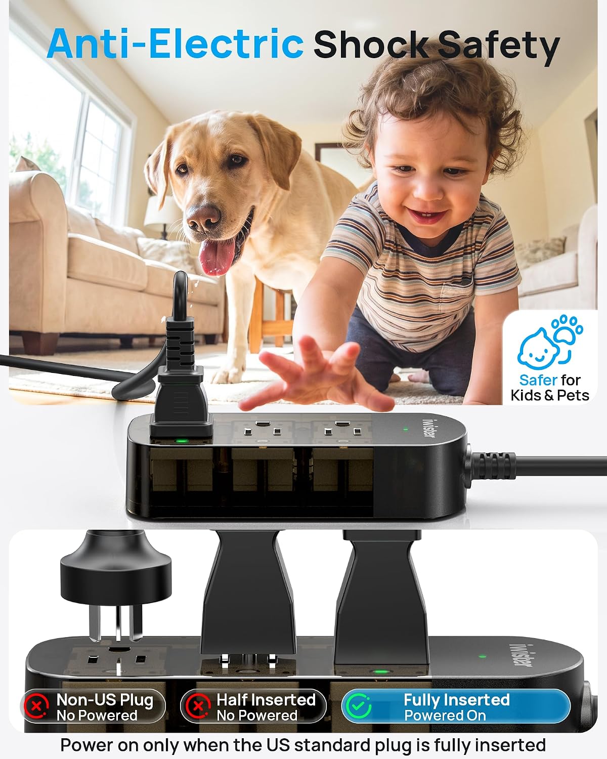 Detalle 2 de iwister ZJ-112- 5ft Outdoor Power Strip, 3 Outlets, IPX6, 1625W