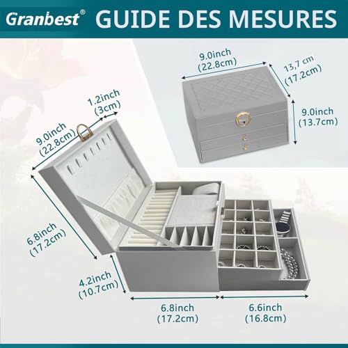 Detalle de Granbest Boîte à bijoux à 3 niveaux avec 2 tiroirs – Coffret cuir Gris