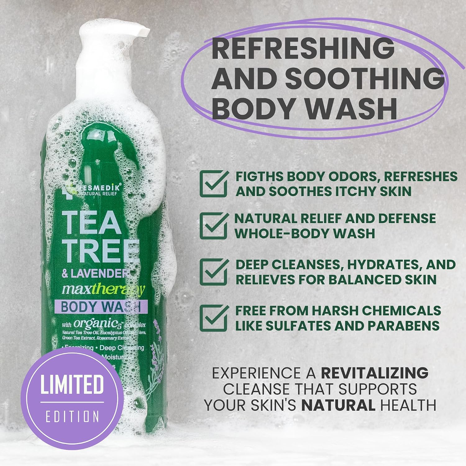 Detalle de KESMEDIK Tea Tree & Lavender Body Wash (MaxTherapy) — Antifungal Defense & Itchy Skin Relief, 2-Pack (Limited Edition)