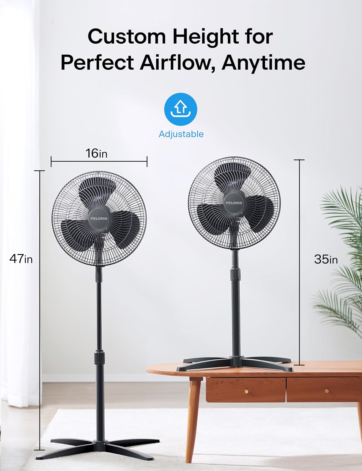 Detalle 1 de PELONIS 16-inch Pedestal Fan with 90° Oscillation, 3 Speeds & Adjustable Height (Black) for Bedroom and Home Office