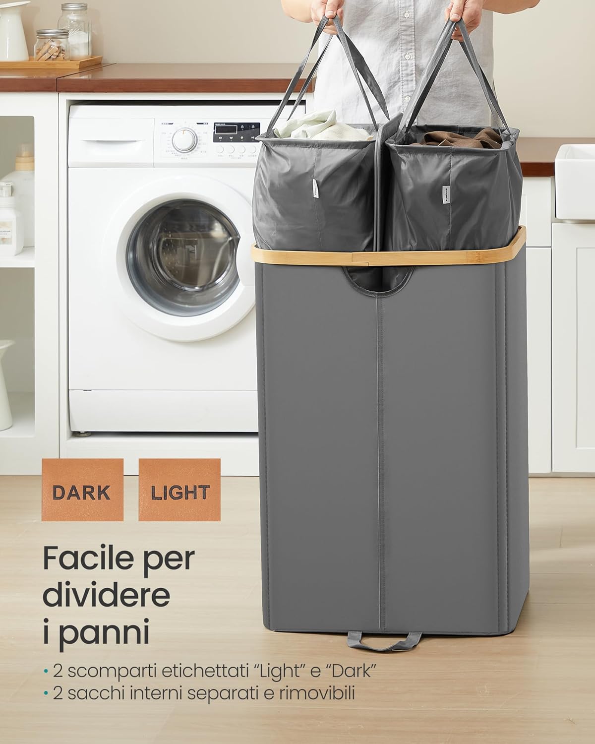 Detalle de SONGMICS LCB523G01 cesto portabiancheria a 2 scomparti da 150 L con coperchio e sacchi interni rimovibili