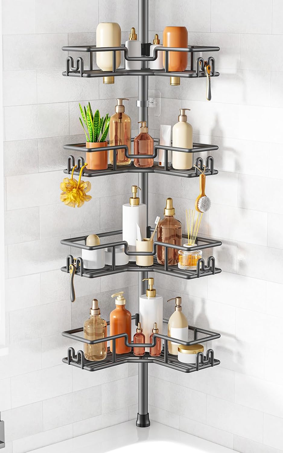 Detalle de HAMITOR Shower Caddy Tension Pole Gray, 4-Tier Adjustable Storage