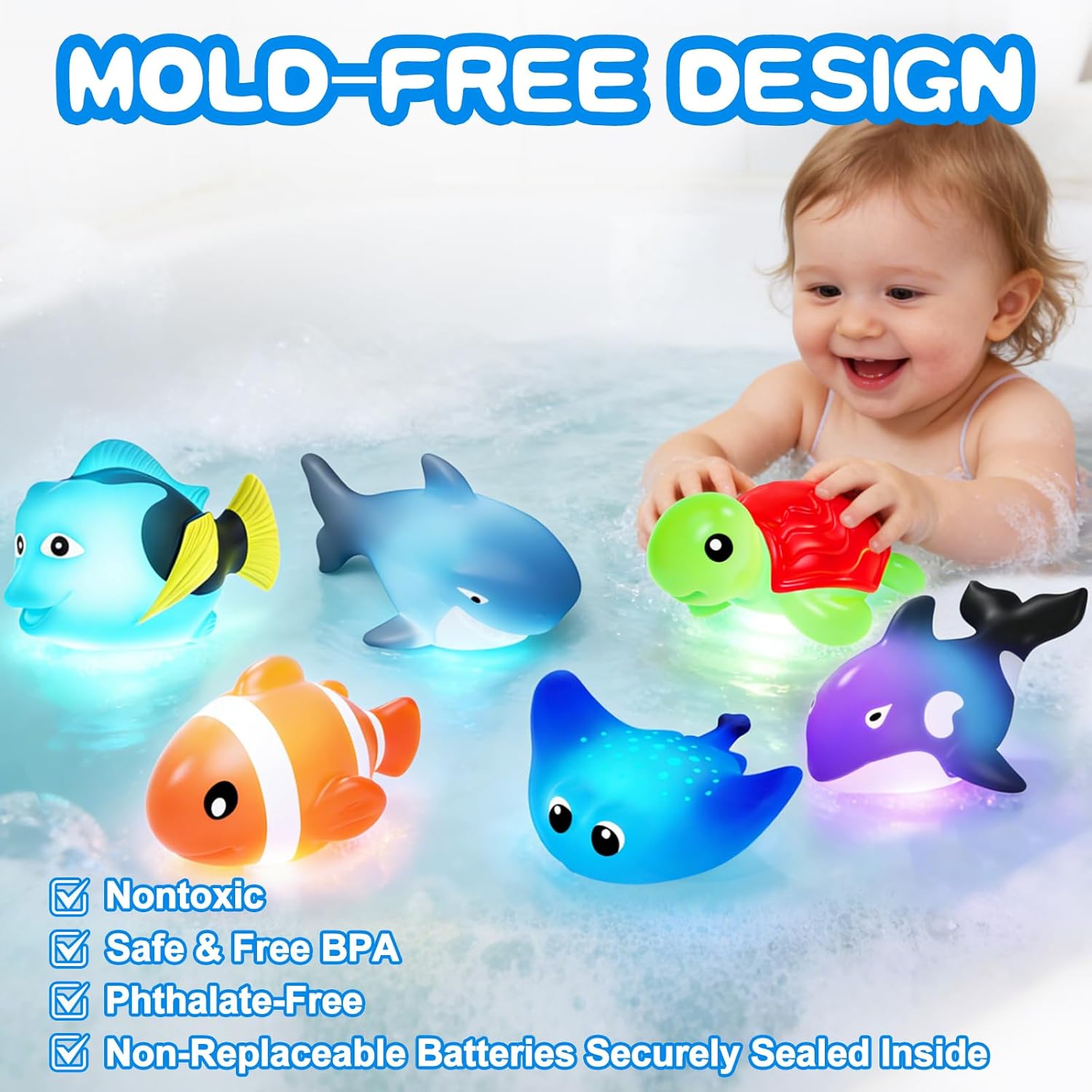 Thumbnail 3 de Light Up Bath Toys – Mold-Free No-Hole, Water-Activated LED Ocean Animal Bath Toys (Water Table/ Bathtub/ Shower)