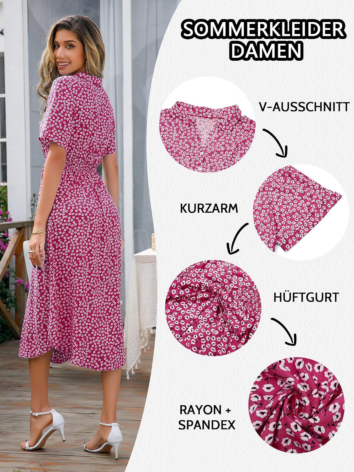 Detalle 2 de Livonmone Sommerkleid für Damen mit V-Ausschnitt, Blumendruck, Gürtel und Knopfverschluss