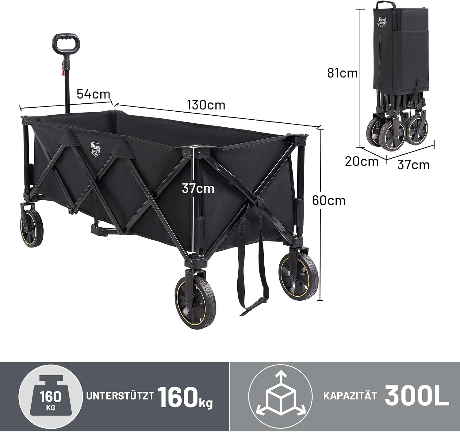 Detalle de TIMBER RIDGE XXXL Faltbarer Transportwagen 300 L, 160 kg Tragfähigkeit, verstellbarer Griff, Netz als Fallschutz, Getränkehalter, Bremse – Schwarz