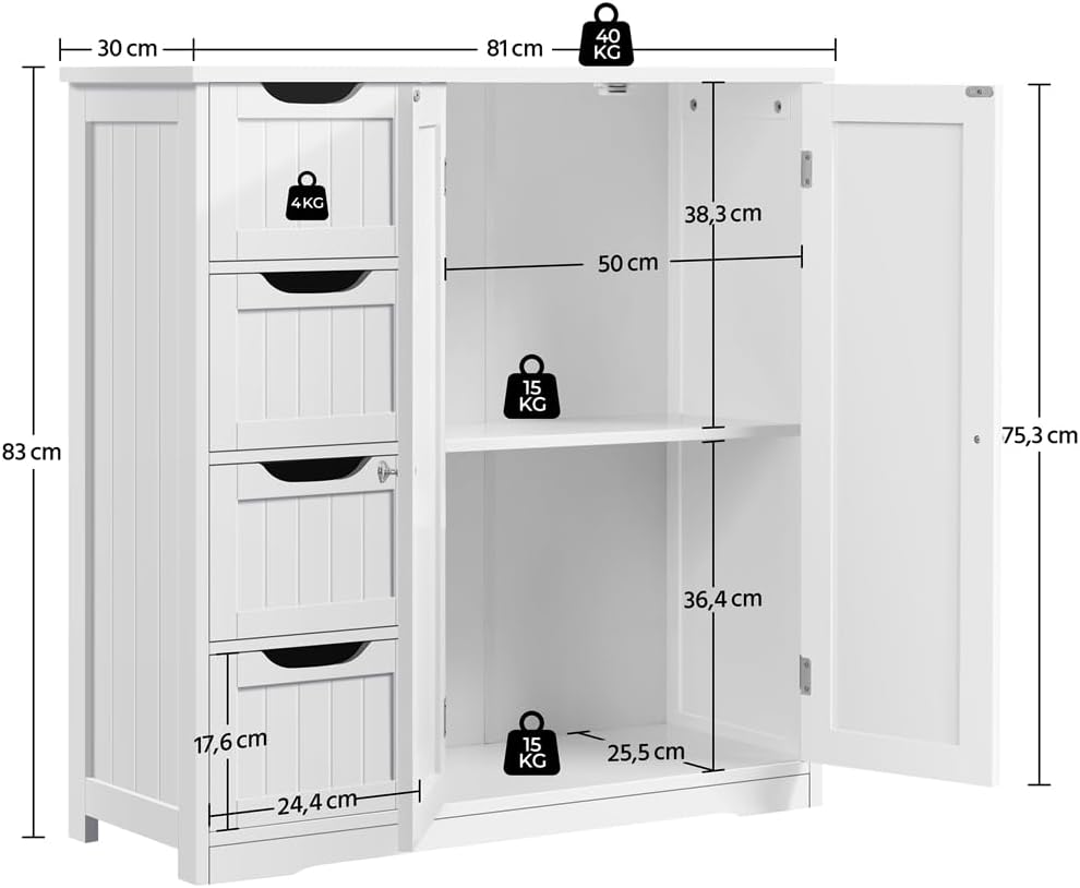 Thumbnail 1 de Yaheetech Mobile da Bagno con 4 Cassetti e Armadietto Bianco – 81 x 30 x 83 cm