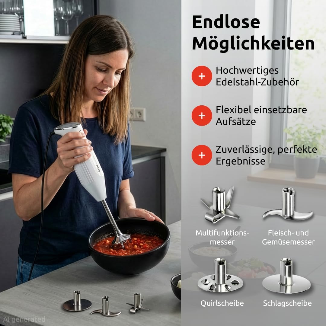 Thumbnail 5 de bamix Stabmixer Set M350 MAXX (300 Watt) mit Multifunktions-, Fleisch- & Gemüsemesser, Quirl und Schlagscheibe – Weiß/Chrom