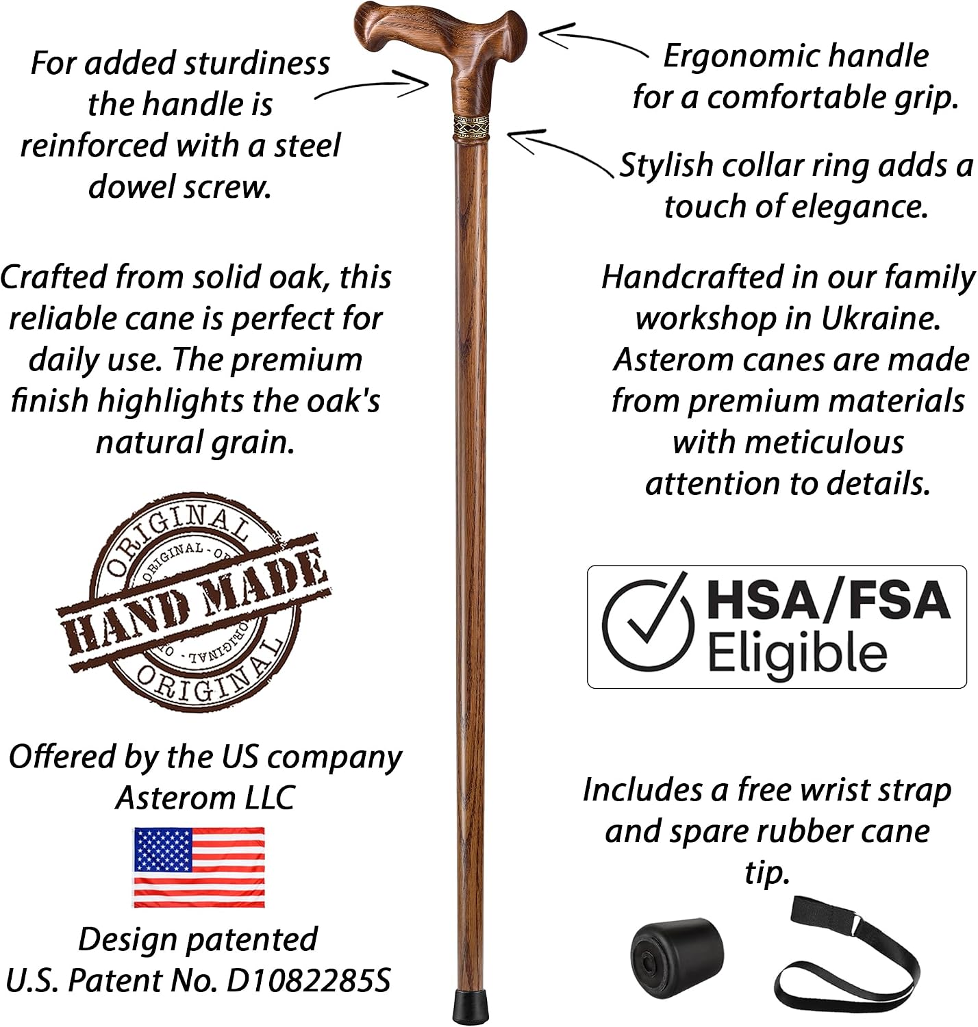 Thumbnail 4 de Asterom 36-801c Oak Wood Walking Cane, Ergonomic Handle, 36-Inch