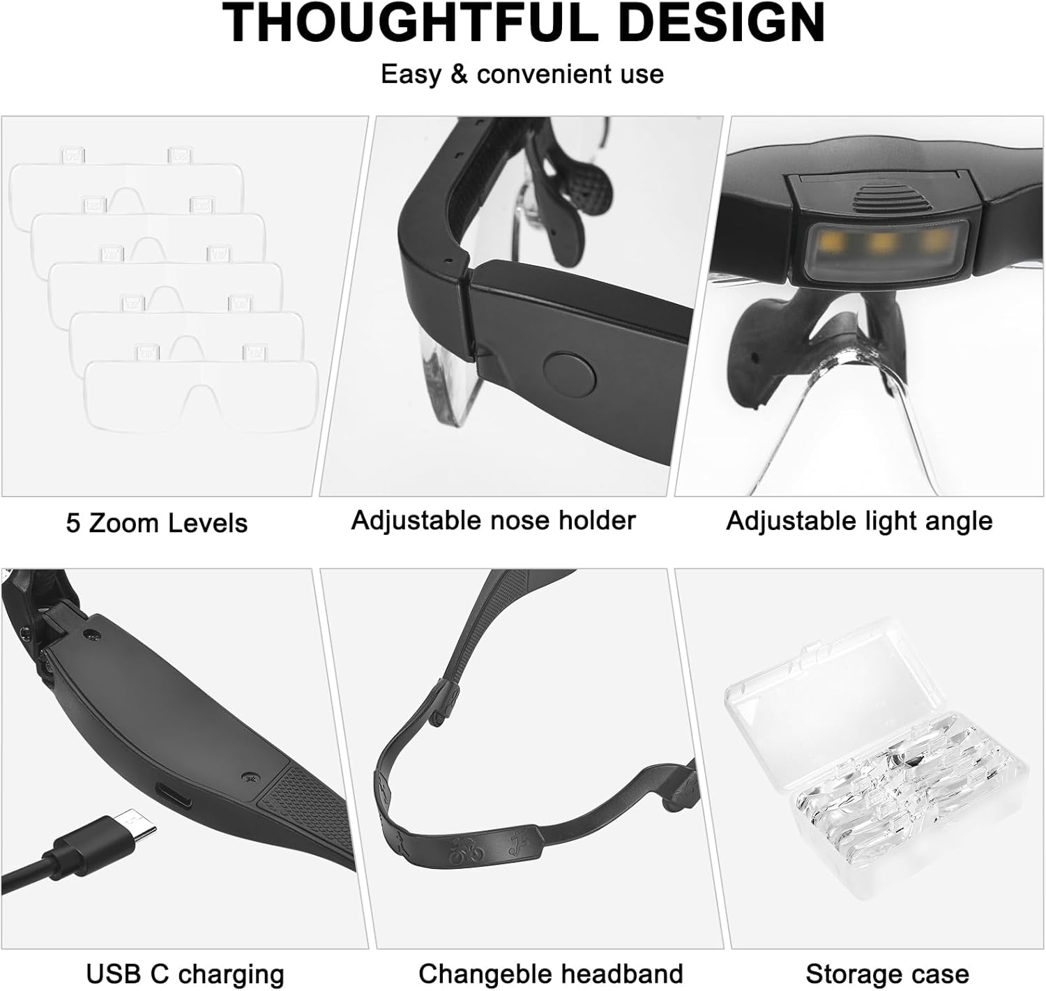 Detalle de Rivlox Magnifying Glasses with 3 LED Lights and 5 Detachable Lenses