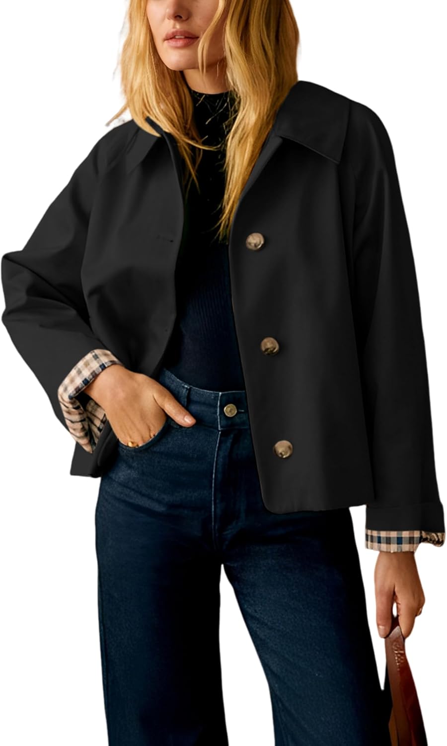 Detalle de Tanming Women's Cropped Trench Coat with Plaid Cuffs and Side Pockets