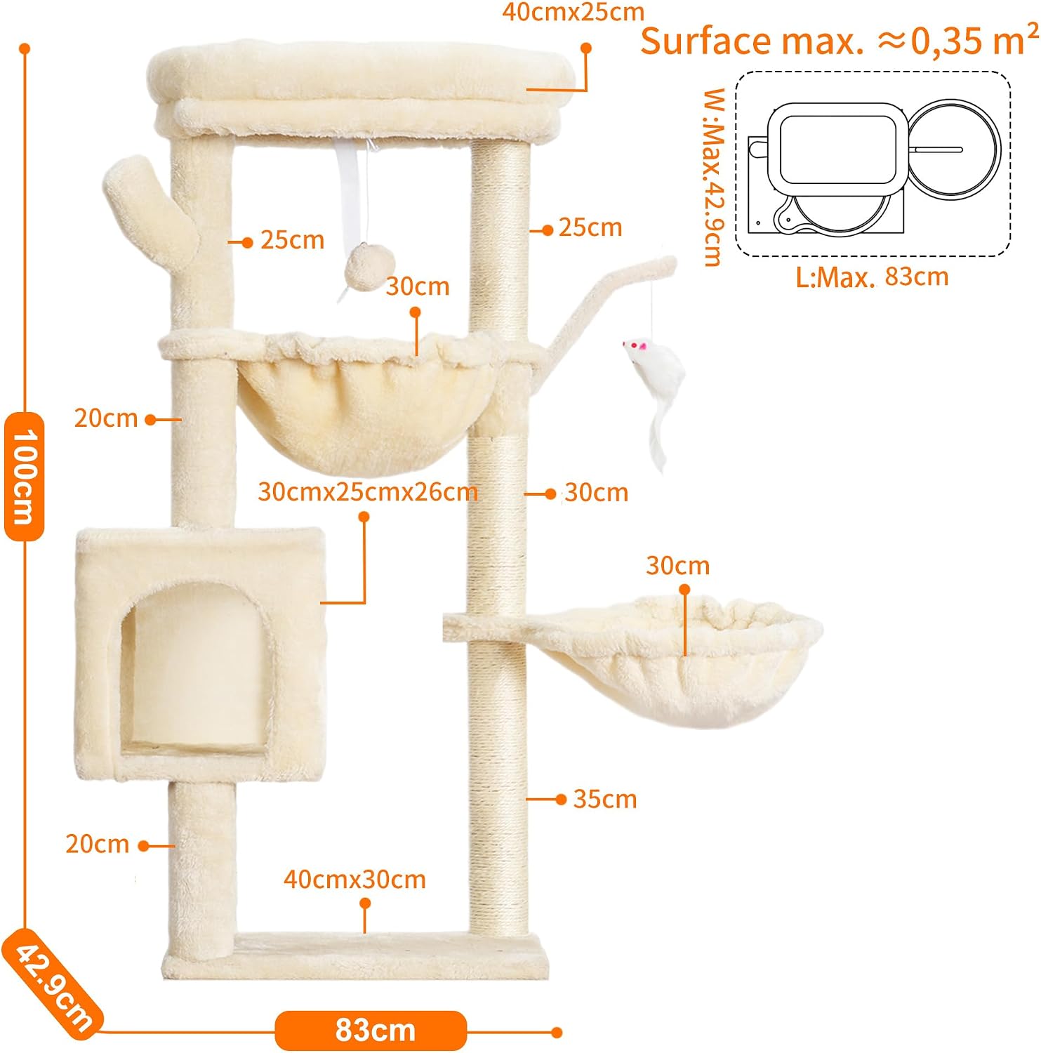 Detalle de Heybly Cat Tree, 100 cm Tower Condo with Cat Scratching Post