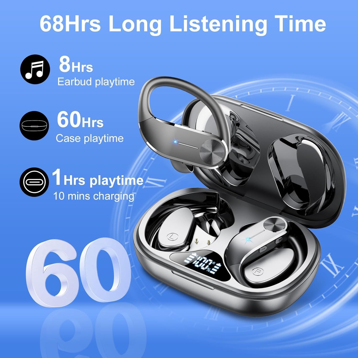 Detalle de Ear buds Wireless Bluetooth Earbuds Sport 2026 – LED Display, 68H Playtime, IP8 Waterproof