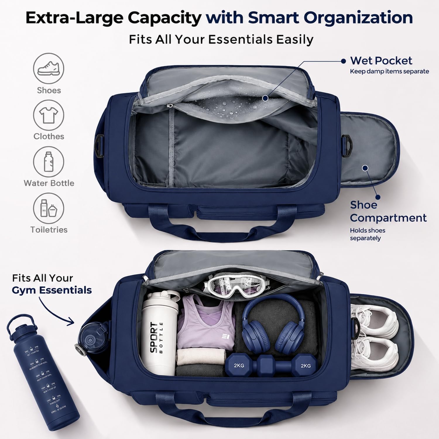 Thumbnail 2 de FIORETTO Gym Bag with Wet Pocket and Shoe Compartment – 30L, Foldable & Water-Resistant