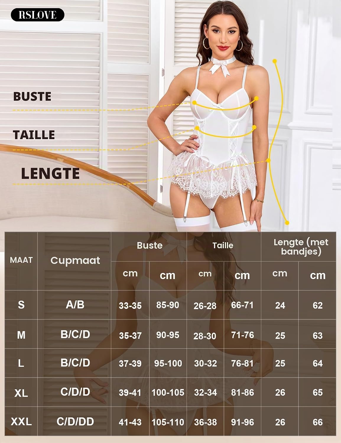 Detalle de RSLOVE lingerieset met jarretelgordel, V-hals en verstelbare veters