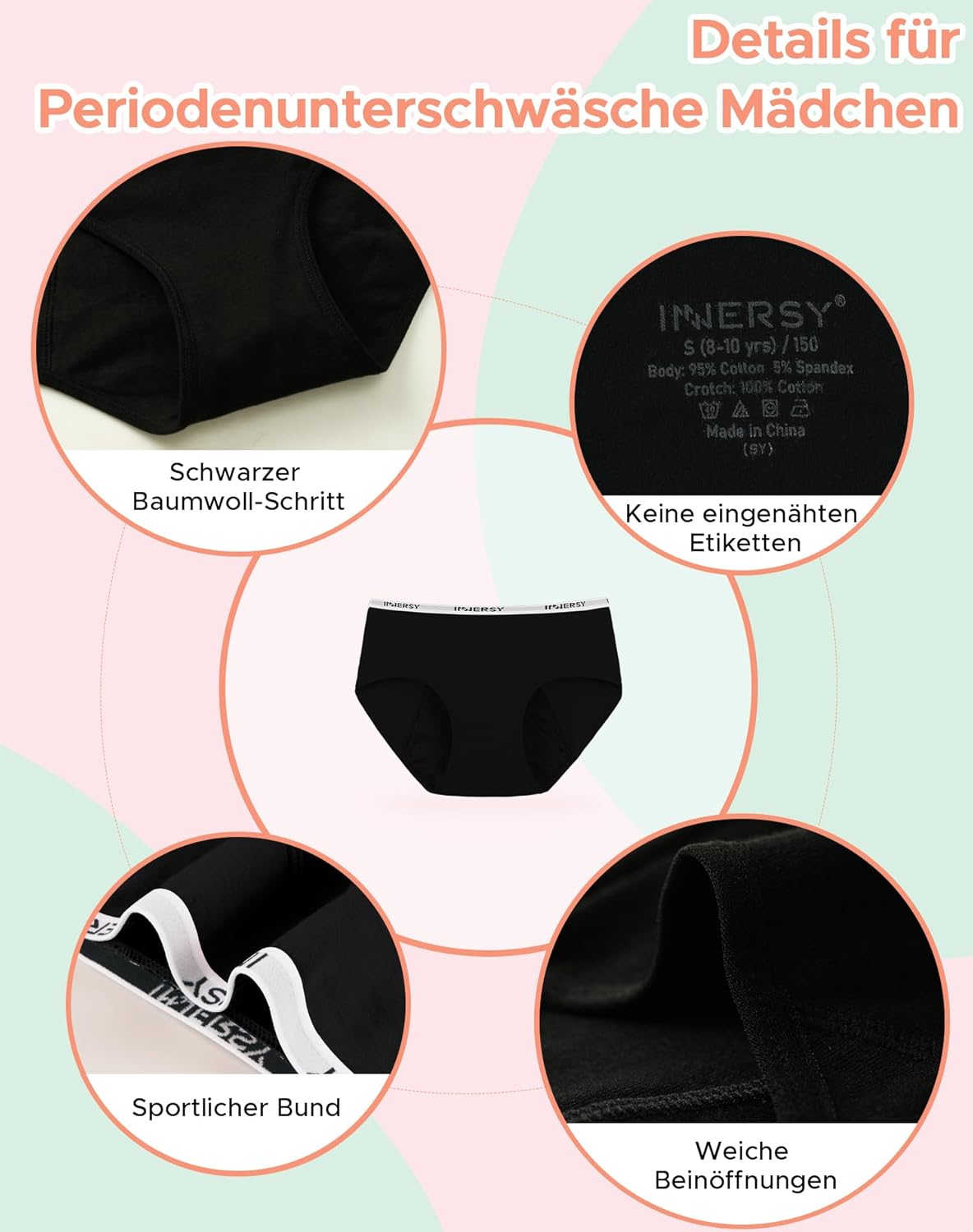 Thumbnail 2 de INNERSY Menstruationsunterwäsche Mädchen Baumwolle – 3er Pack