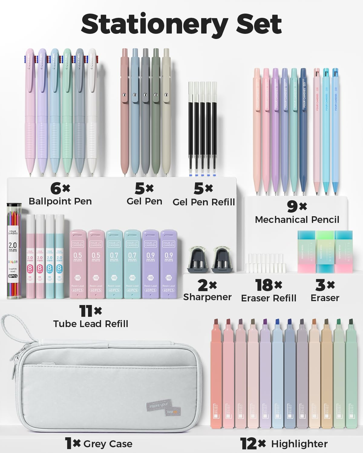 Detalle de Four Candies ZH-FC9904B-HU 56-Piece Stationery Set with Grey Case