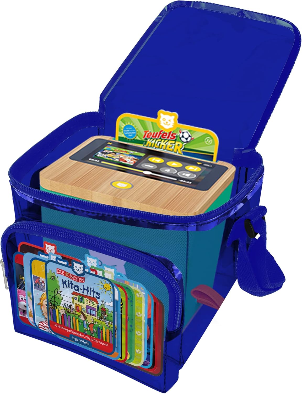 Detalle de Clear Storage Display Bag for Toniebox and Characters (Blue) — Versatile, Transparent Storage with Dual Compartments