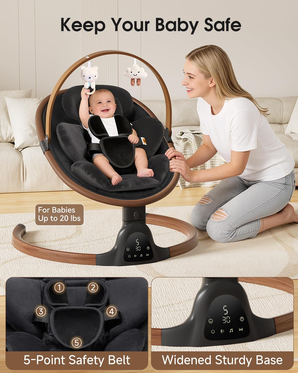 Detalle de Wnttmt Electric Baby Swing with 5 Speeds, 5-Point Harness & Bluetooth
