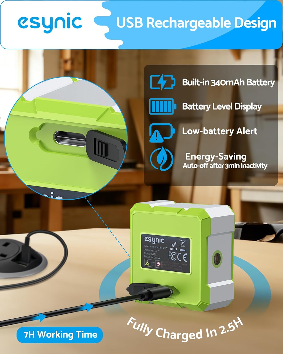 Detalle de eSynic Digital Angle Finder with Green Laser – 4-Sided Magnetic Inclinometer