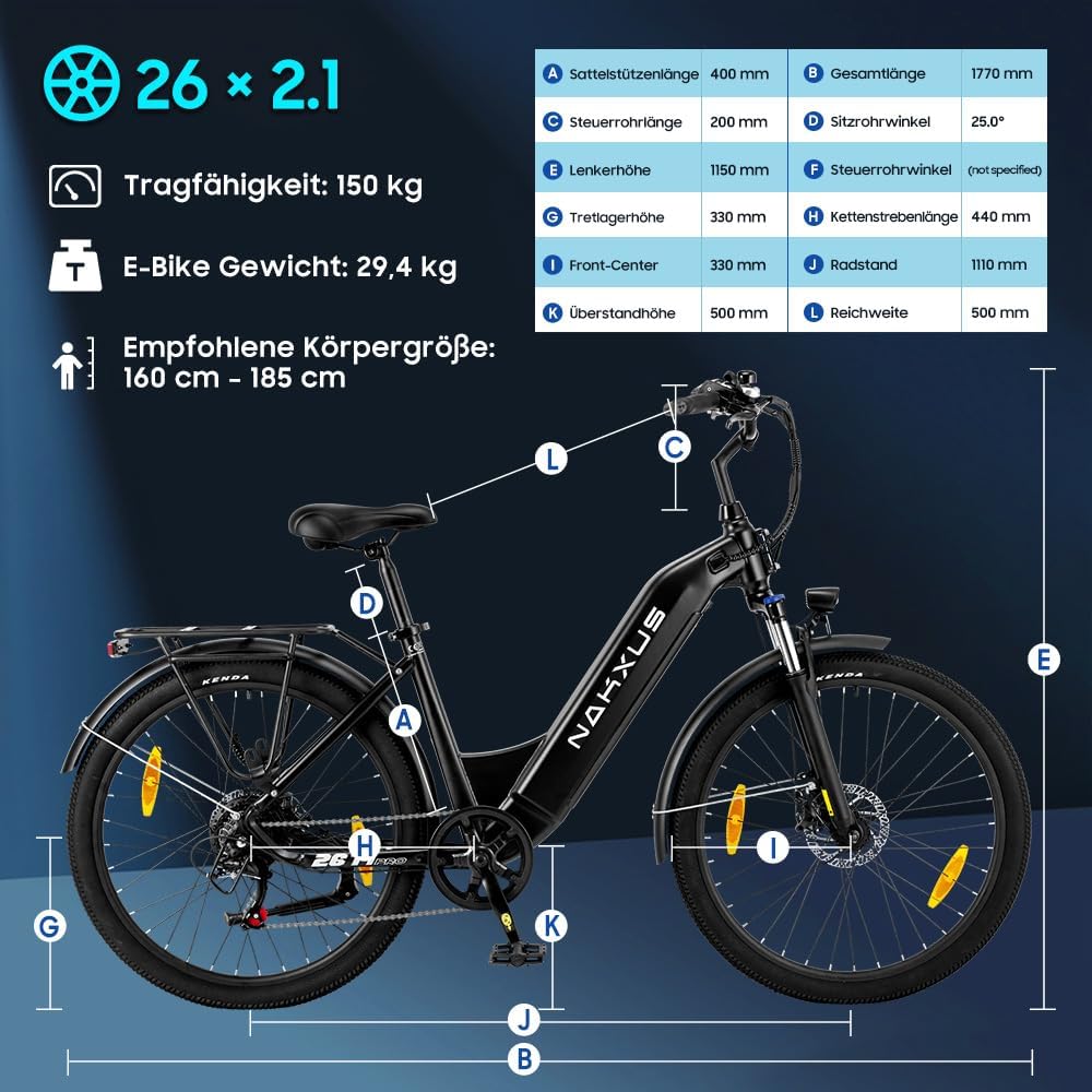 Thumbnail 4 de nakxus 26T1 Elektrofahrrad – 26 Zoll, 36V 18.2Ah Akku, 250W Motor, 7-Gang, IPX5, 90–130 km Reichweite