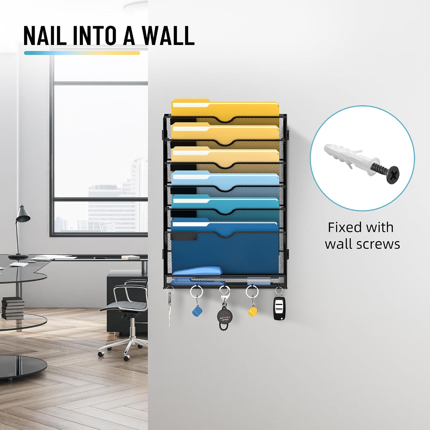 Detalle de SUPEASY 7-Tier Black Hanging Wall File Organizer with 5 Hooks