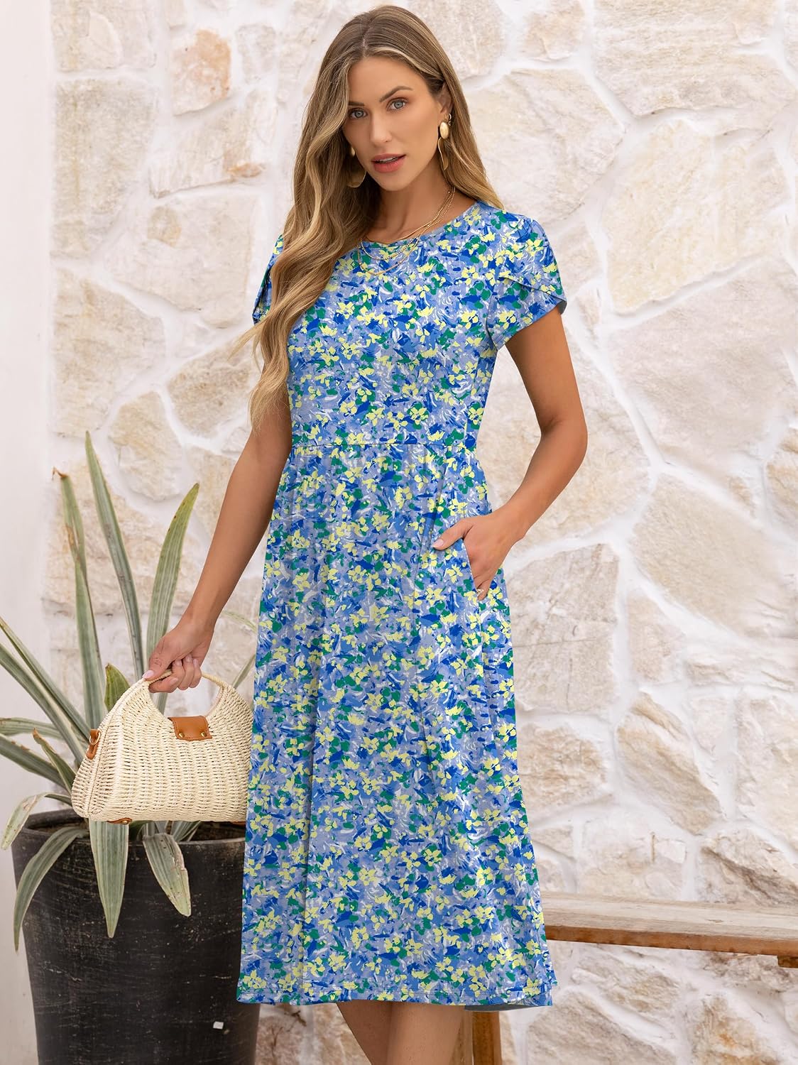 Detalle de ANRABESS Floral Midi Dress with Pockets – Beachy A-Line Sundress