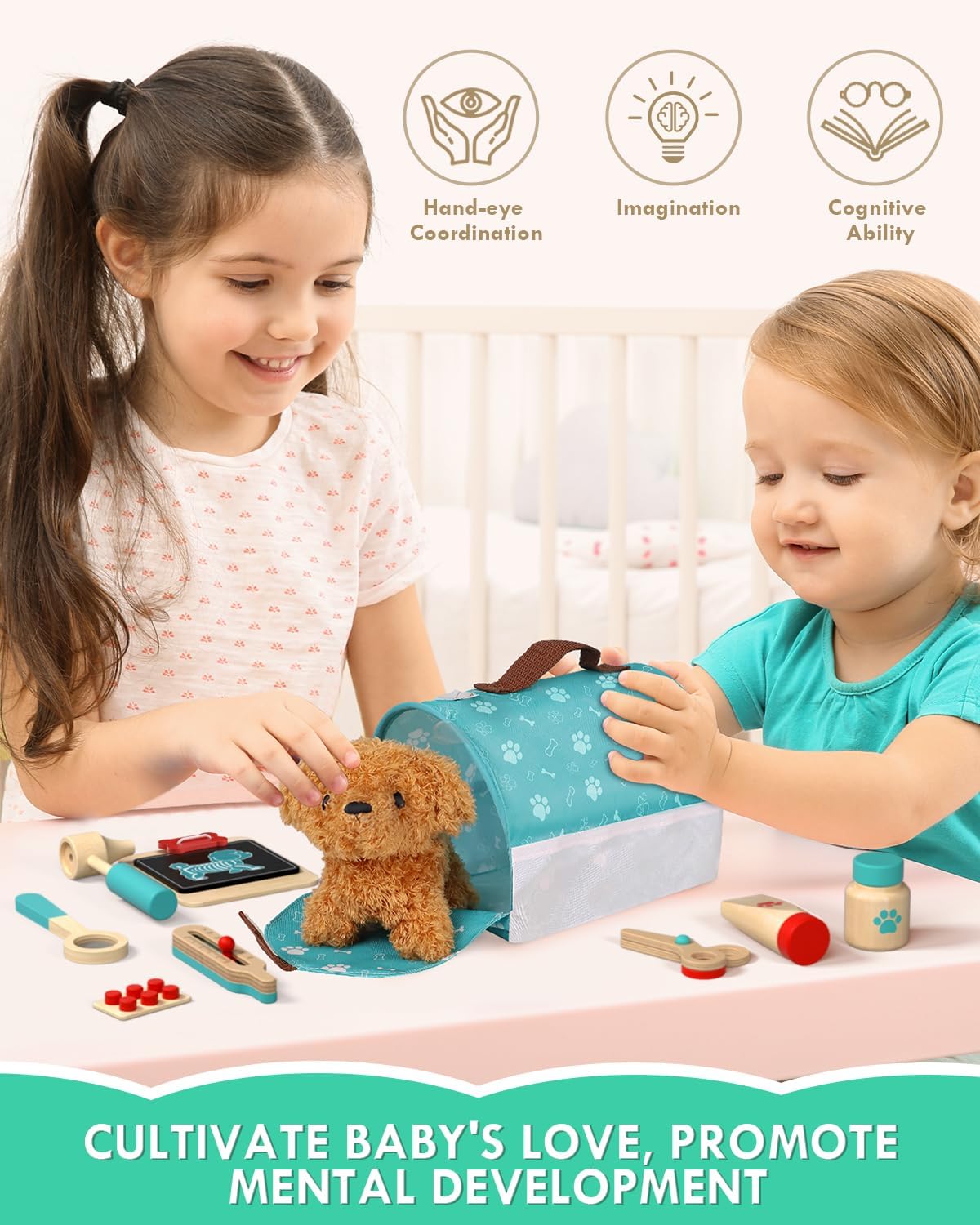 Detalle de Doctors Set for Kids: Vet Kit with Plush Puppy and Wooden Medical Toy Accessories (Green)