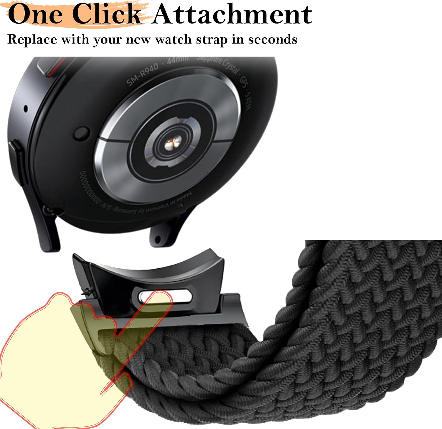 Thumbnail 3 de 2 Pack One-Click No Gap Braided Elastic Strap for Samsung Galaxy Watch 7/6/5/4 and FE – 20mm Nylon Loop Bands