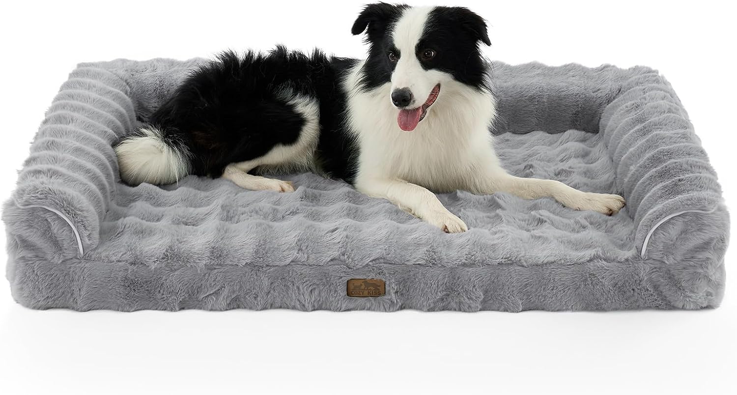 Detalle de COZY KISS Faux Fur Orthopedic Dog Bed (XXL) – Foam Sofa with U-Shape Bolster, Grey