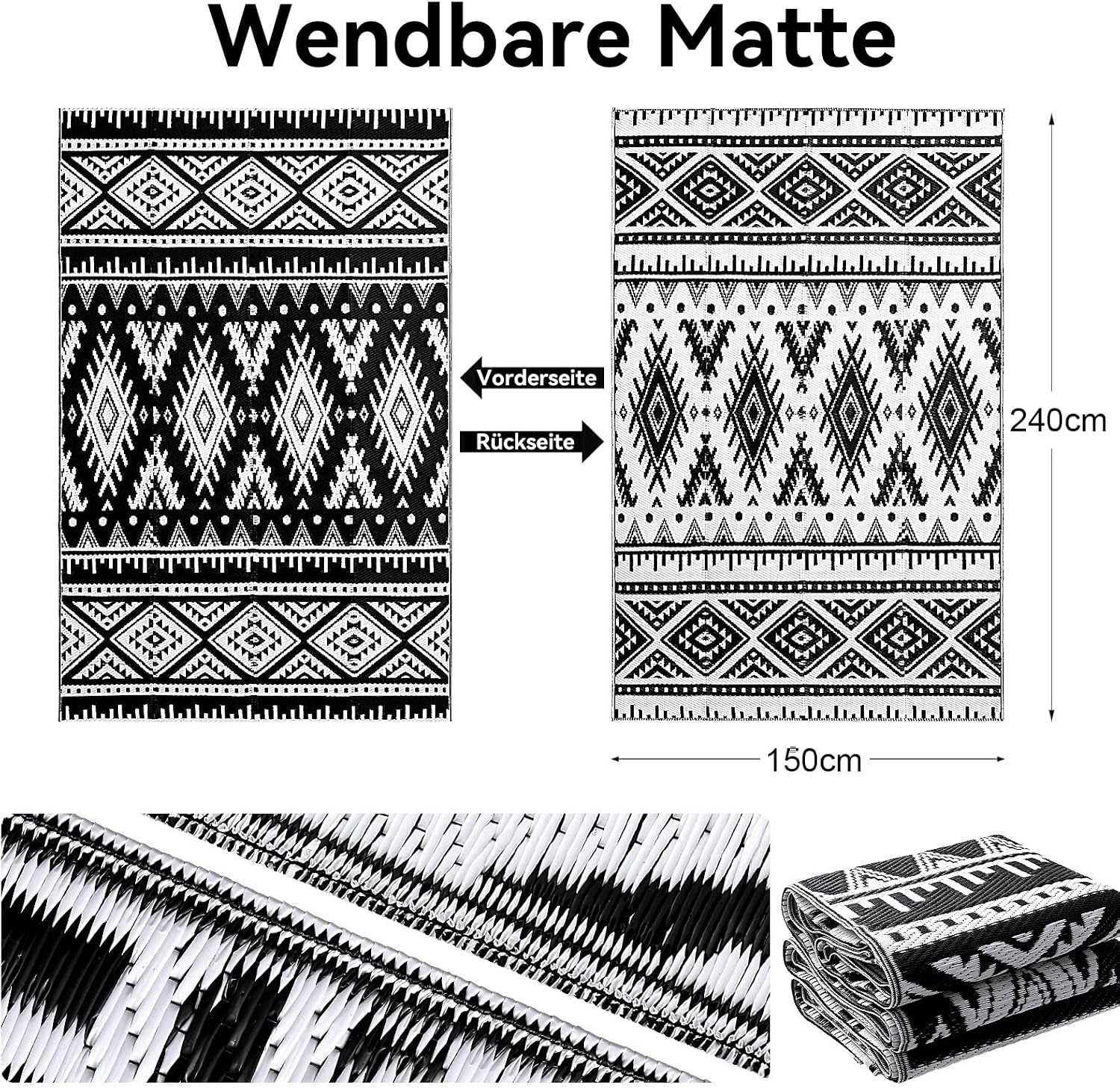 Thumbnail 1 de Homaxy Outdoor Teppich wetterfest, faltbar & waschbar (150 x 240 cm) – schwarz/weiß, beidseitig wendbar