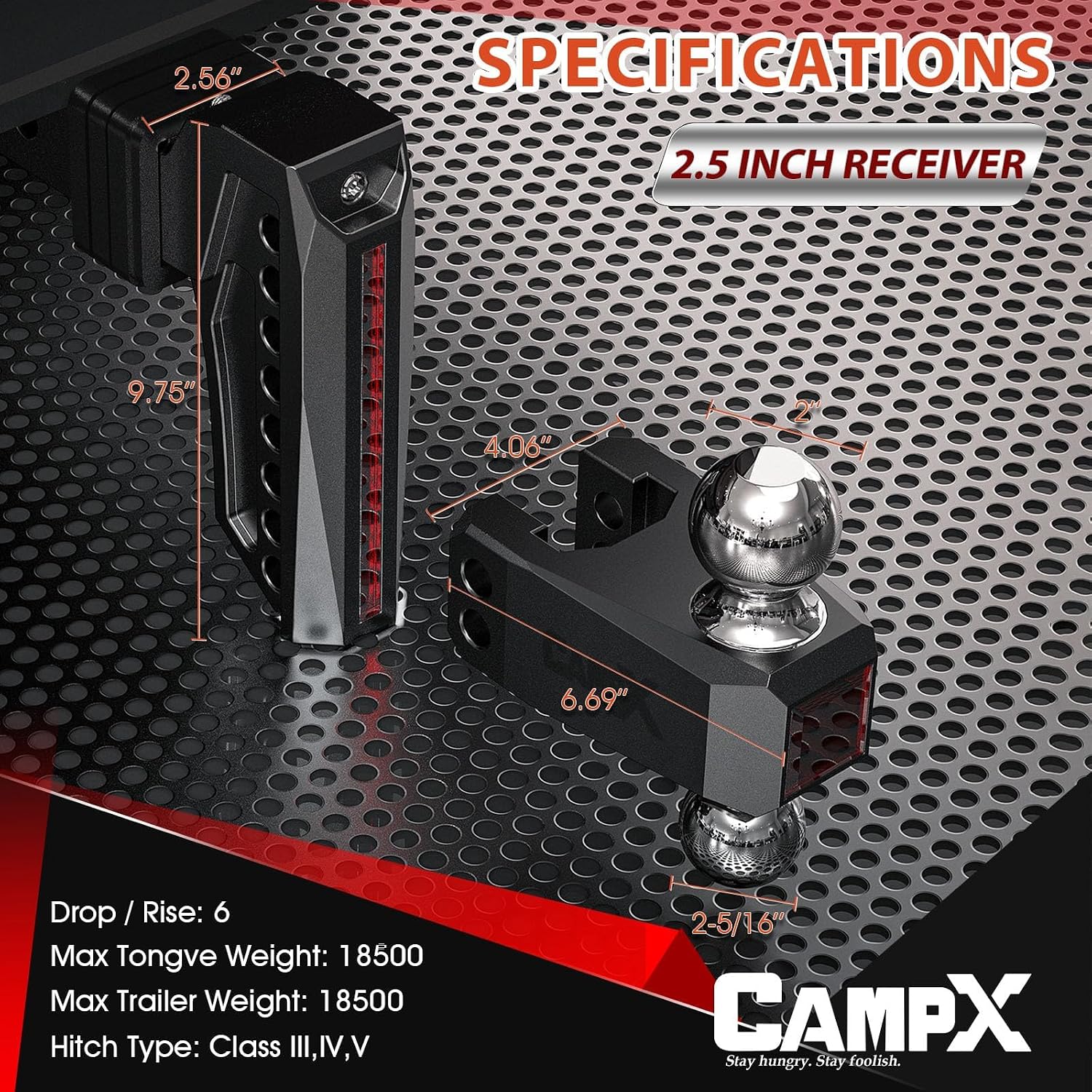 Detalle de CAMPX Adjustable Trailer Hitch for 2.5-inch Receivers (6" Drop/Rise) with Dual 2" and 2-5/16" Solid Balls