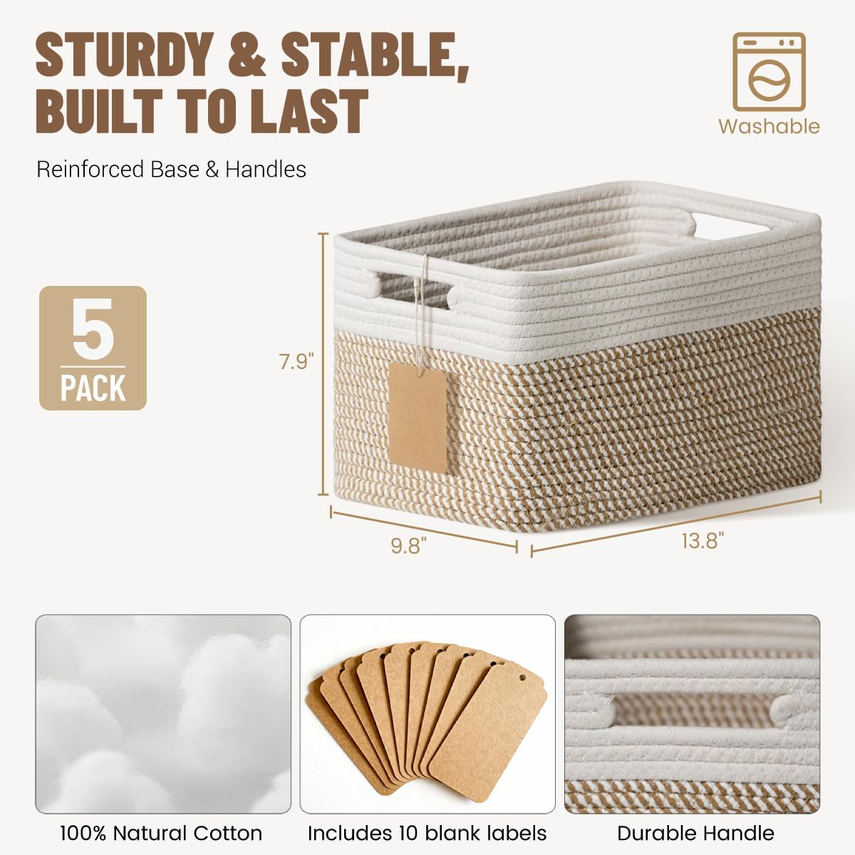 Detalle de Yilobi 5-Pack Woven Cotton Rope Storage Baskets (Khaki & White) for Shelves
