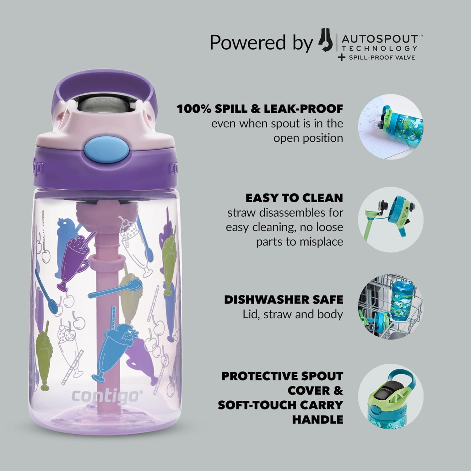 Detalle 2 de Contigo Borraccia per bambini Easy Clean Autospout 420 ml – BPA-Free, 100% a tenuta stagna