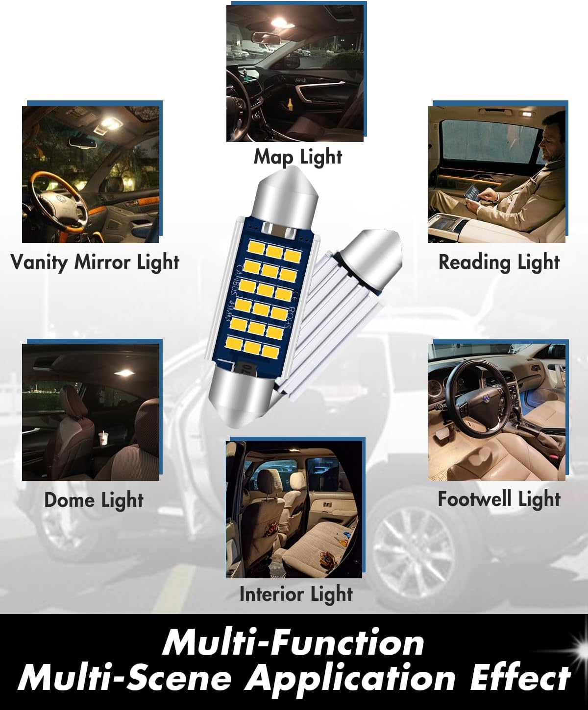Detalle de Alopee 578 LED Festoon Bulb, 41mm Canbus 6 Pack – Warm White, 9-28V, 2W per bulb (C5W) for Car Interior