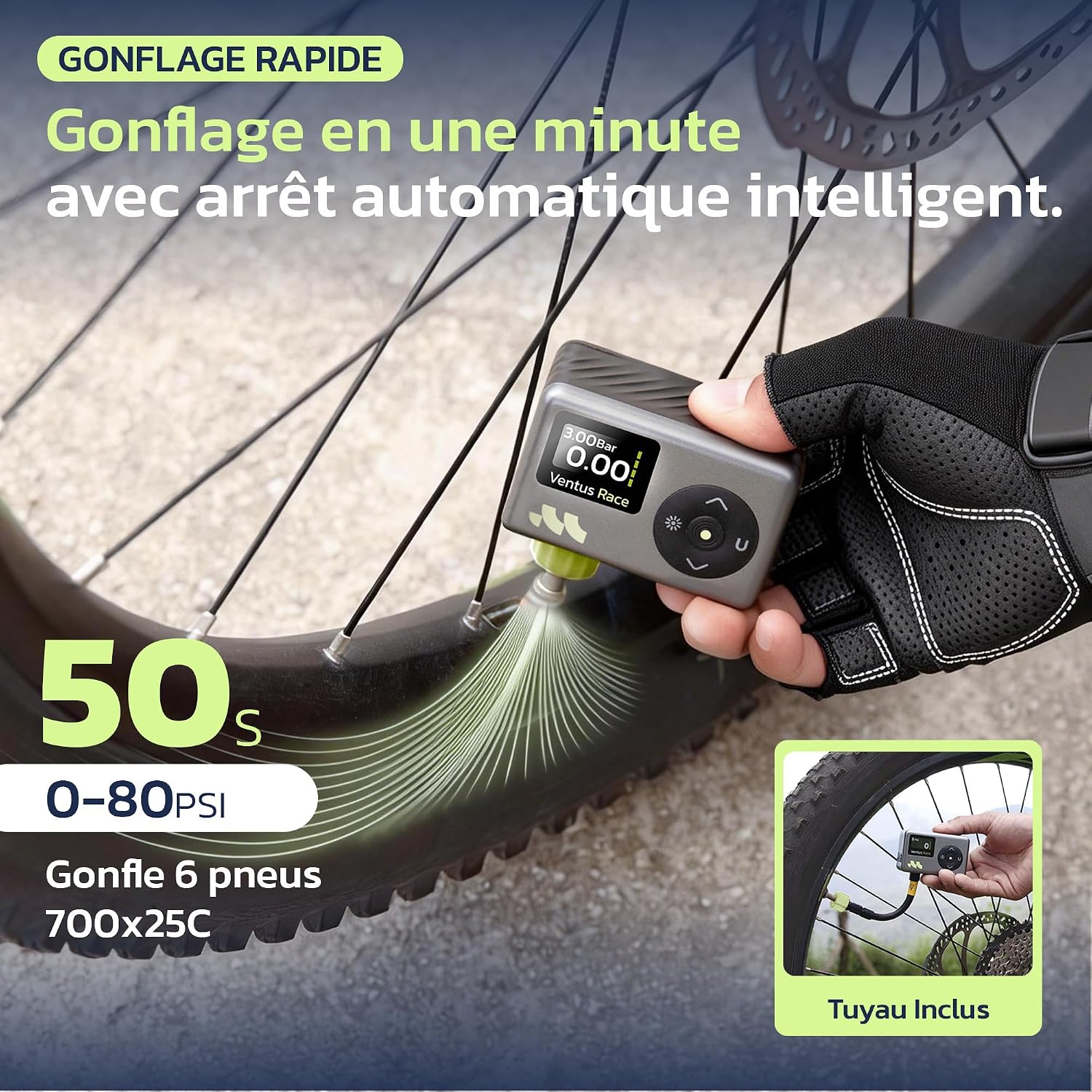 Detalle de Woowind V02 Ventus Race elektrische fietspomp, 120 psi en USB-C