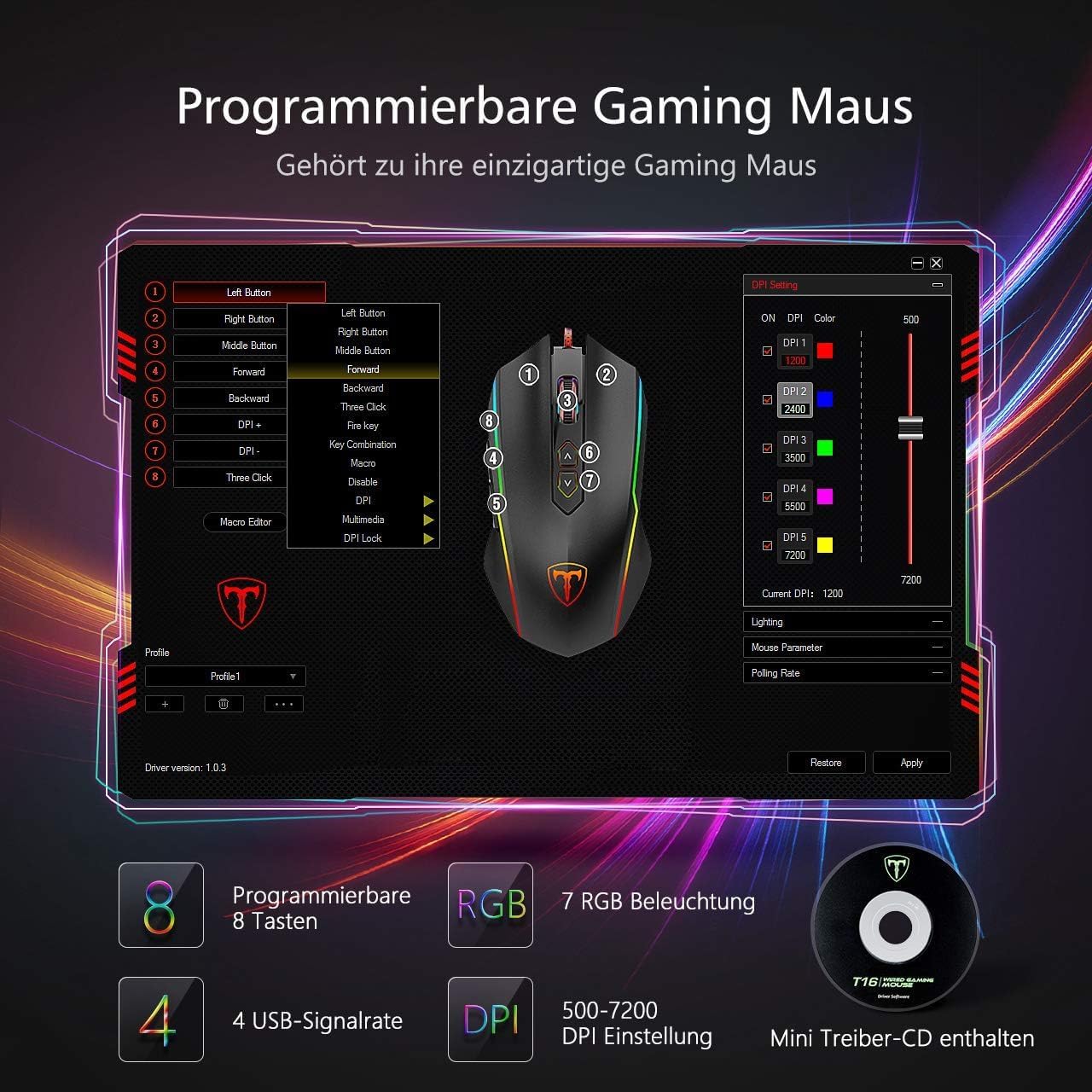 Thumbnail 1 de Vollion Gaming-Maus 7200 DPI mit 8 Tasten