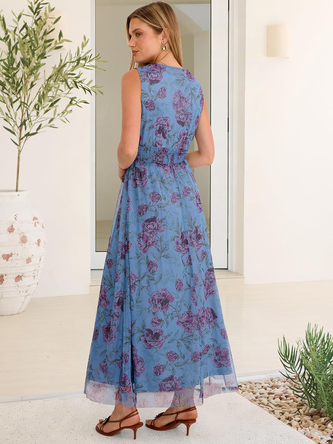 Thumbnail 4 de ANRABESS Women's Floral Tulle Wedding Guest Maxi Dress — V-Neck, Sleeveless, A-Line