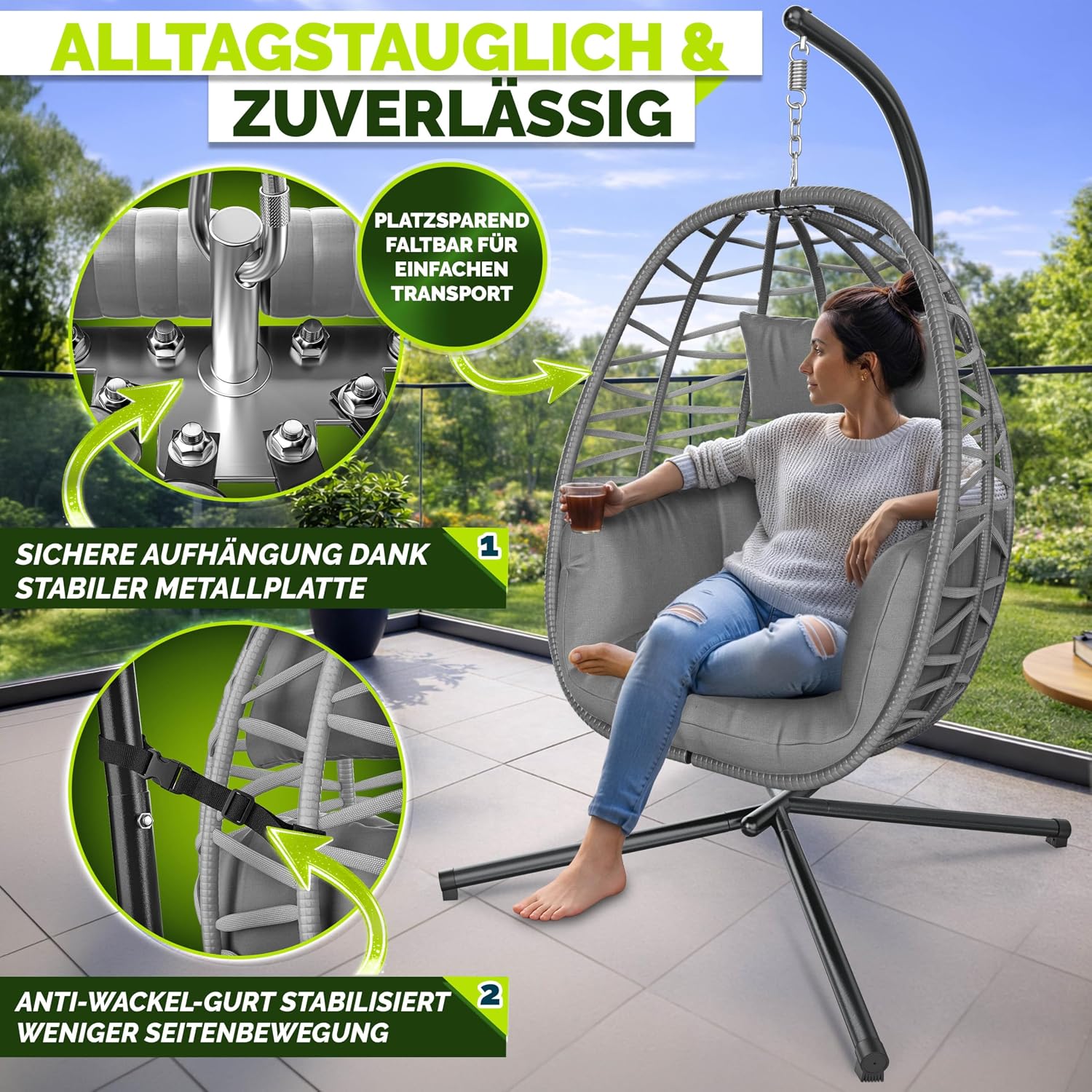 Thumbnail 6 de tillvex® Hängesessel mit Gestell – wetterfester Egg Chair aus Rattan, 150 kg Last, inkl. Abdeckung