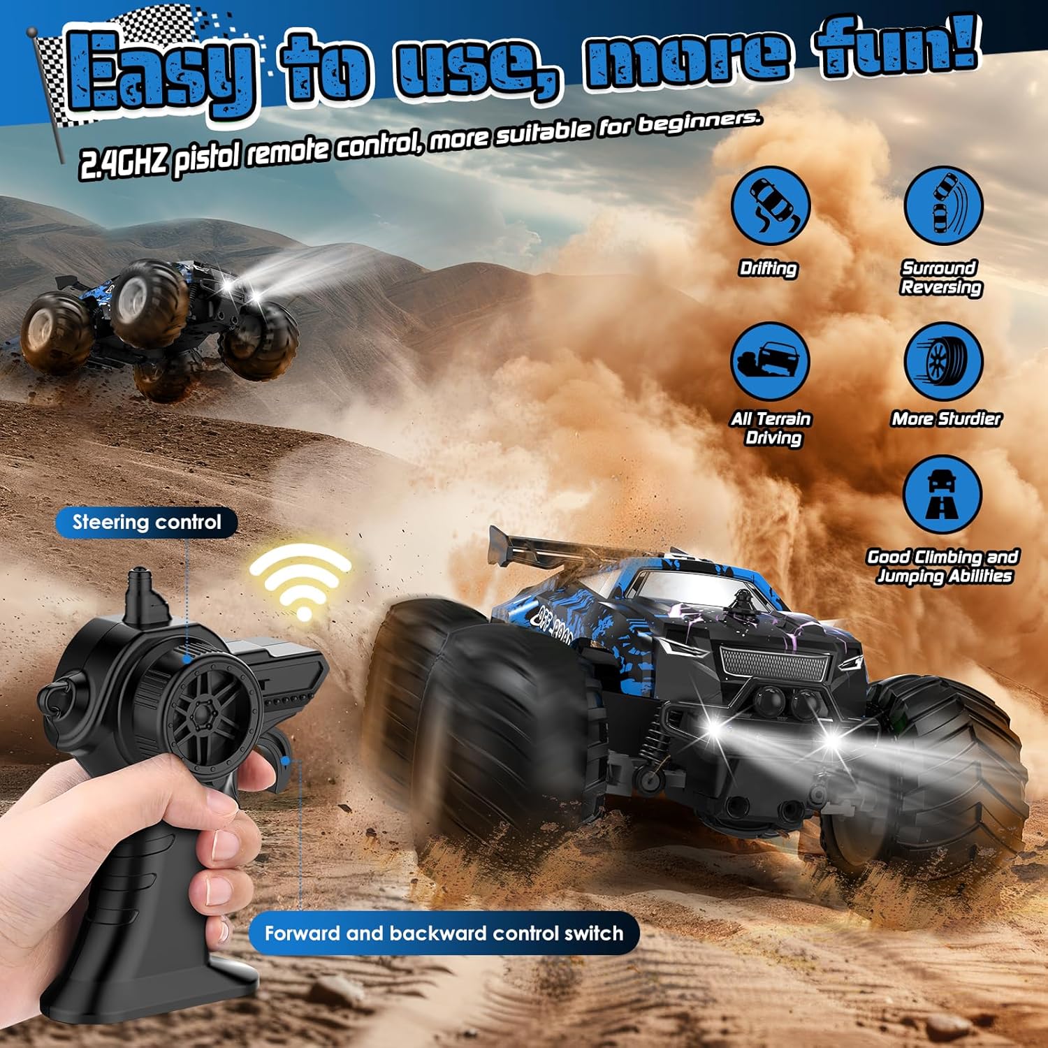 Thumbnail 1 de Hielse Remote Control Car (All-Terrain RC Truck) 1:20, 2.4GHz, LED, 10KM/H, Rechargeable (RTR) for Kids
