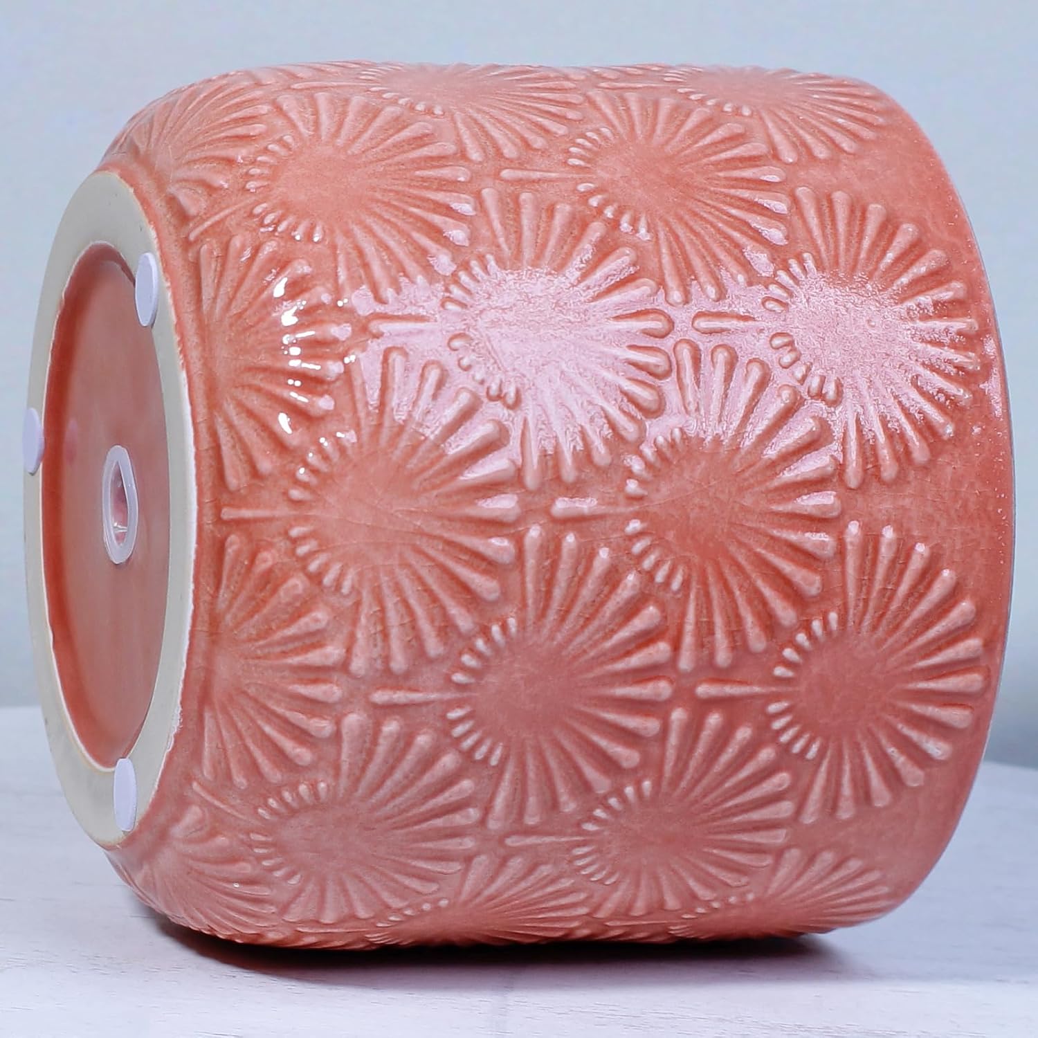 Detalle de Xiaan Jiaju Coral Blush Ceramic Planter with Fanburst Texture and Drainage Hole