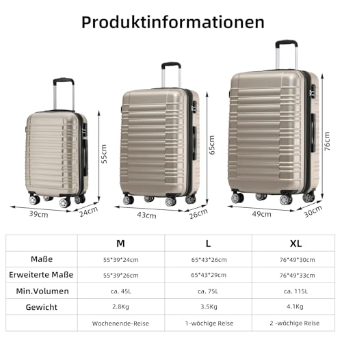 Detalle de BEIBYE Reisekoffer 2088 Hartschalekoffer Größe L – Champagner, ABS-Kunststoff, 75 L