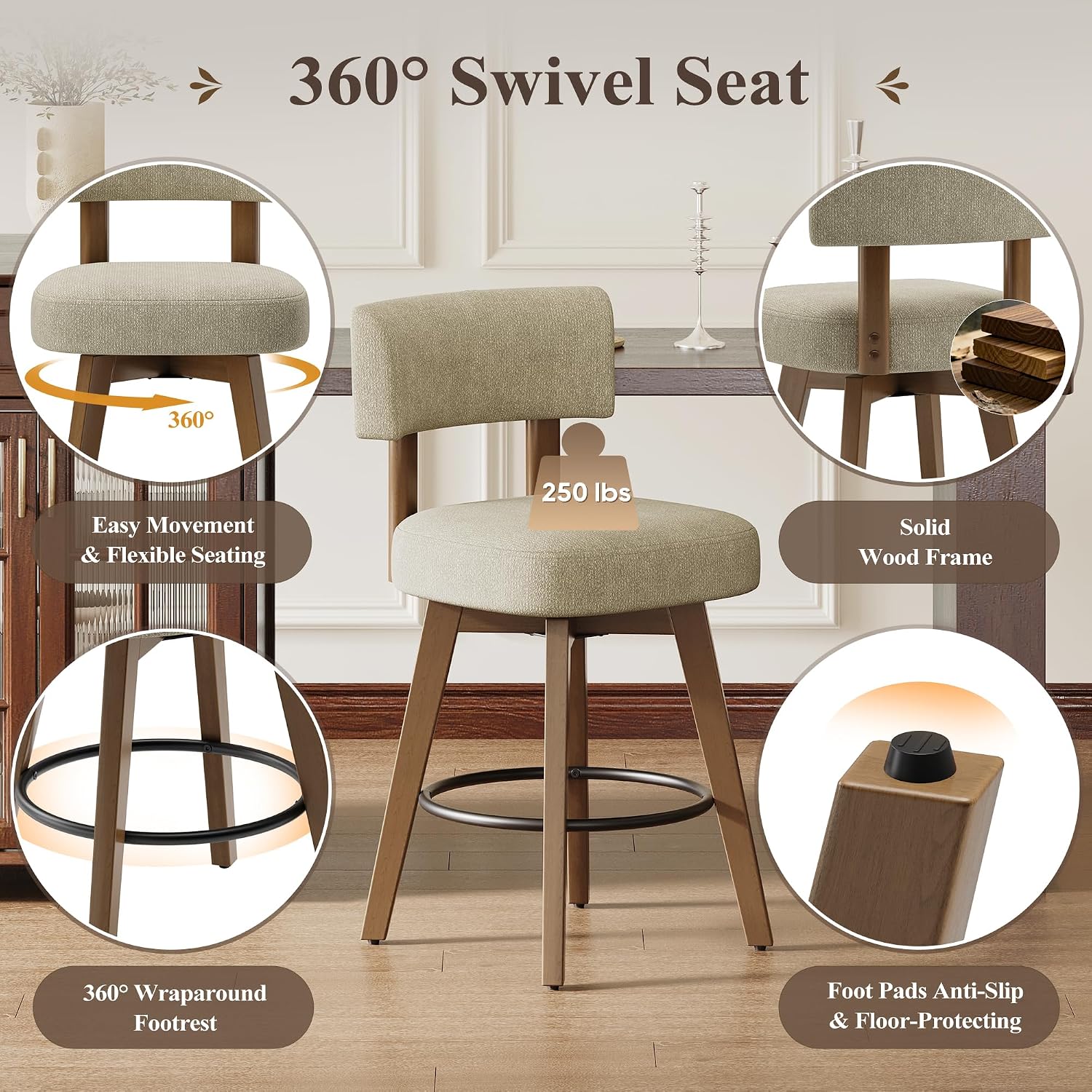 Thumbnail 2 de MALOL BSW37 Swivel Bar Stools, Set of 2, Camel Fabric, Solid Wood Legs