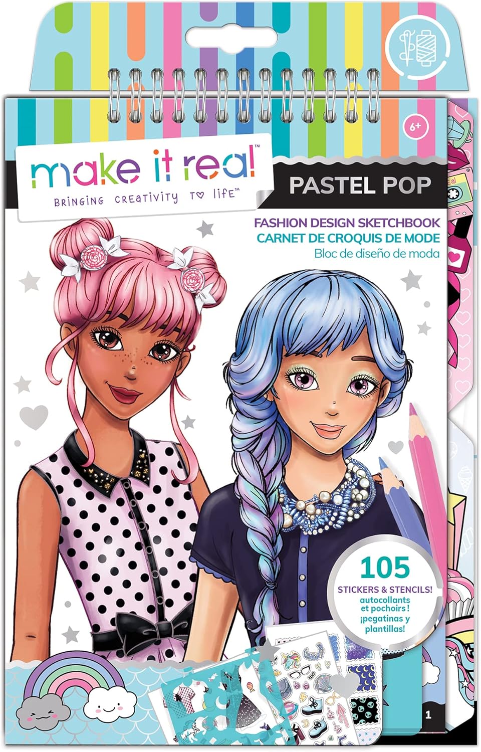 Make It Real Fashion Design Sketchbook Pastel Pop: quaderno da disegno con stencil e adesivi