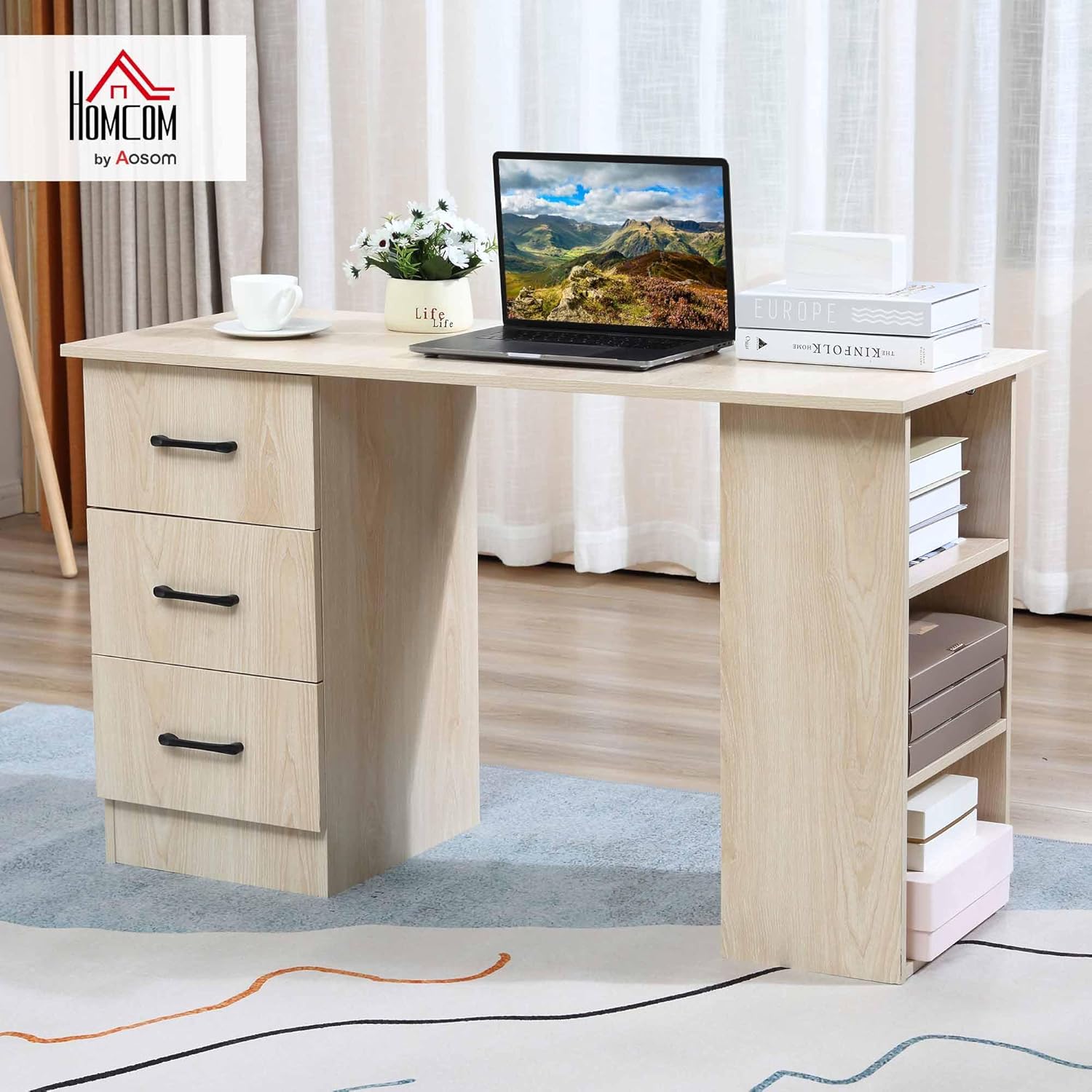Thumbnail 1 de HOMCOM Bureau d'ordinateur 120x49x72 cm avec 3 tiroirs et 3 étagères – rangement réversible en MDF bois naturel