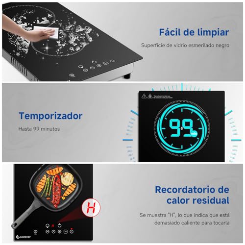 Detalle de AMZCHEF Placa Vitrocerámica 2 Fuegos de Sobremesa/Empotrable, 3200W con 9 Niveles y Seguridad Completa