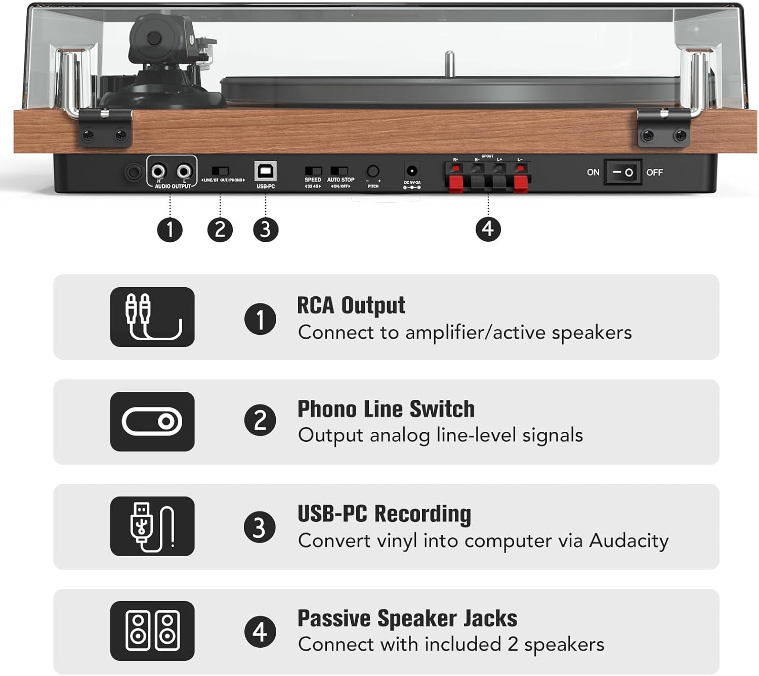 Thumbnail 6 de Udreamer Platine Vinyle Système Hi‑Fi avec Enceintes d'étagère 40 W — plateau aluminium, Bluetooth, 2 vitesses