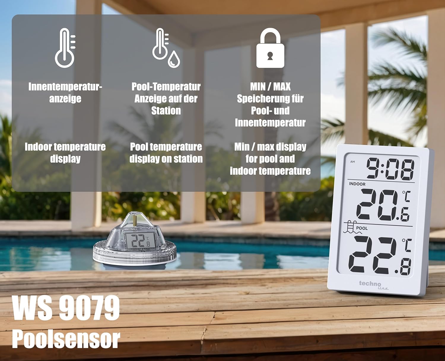 Thumbnail 2 de WS9079 Digitales Pool-Thermometer mit Sation – Funkübertragung, Wassertemperatur & Innentemperatur
