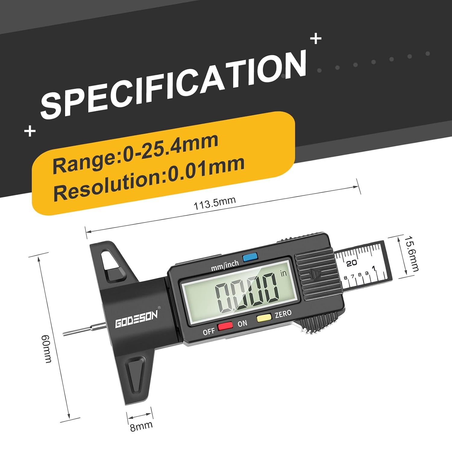 Thumbnail 6 de GODESON Digital Tyre Tread Depth Gauge (UK) – 0–25.4mm/0–1in, 0.01mm accuracy with large LCD