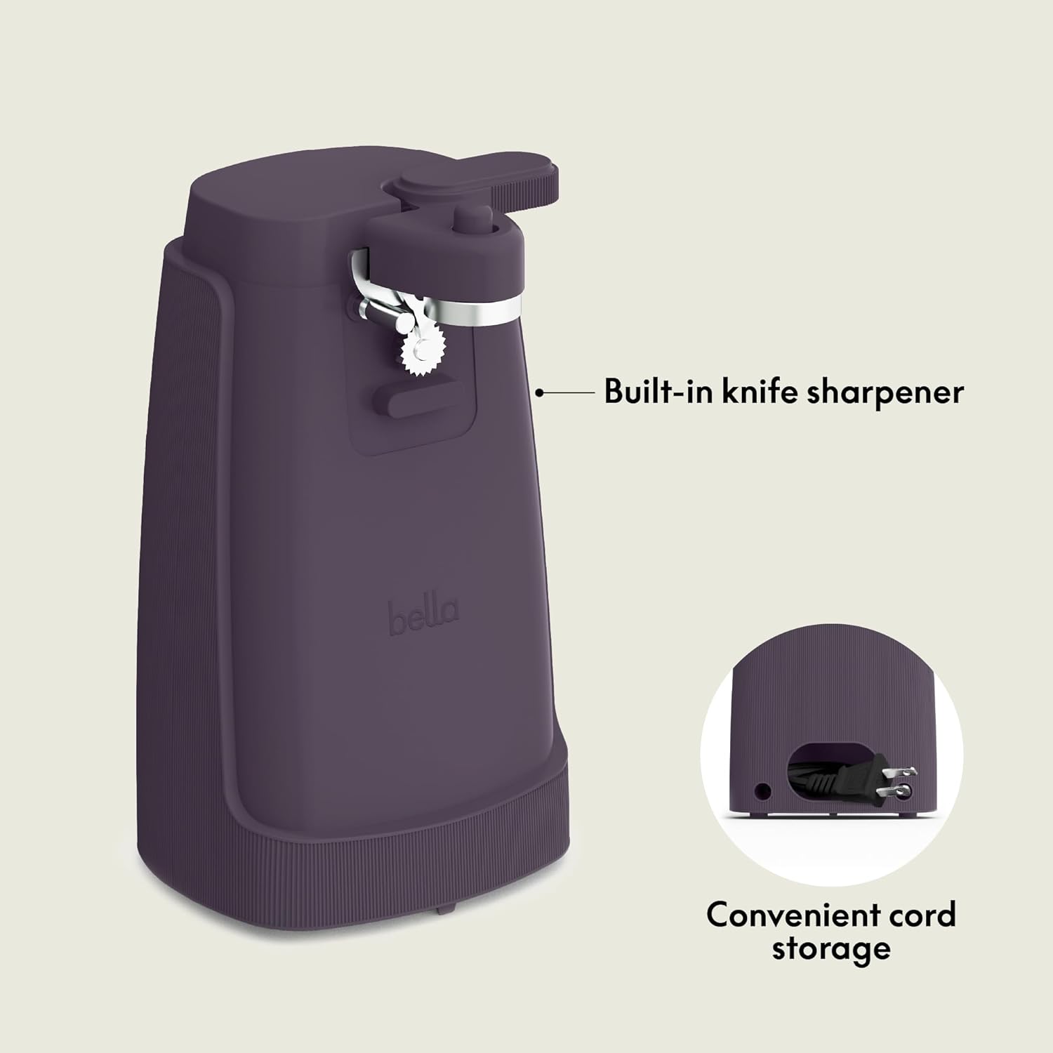 Detalle de bella Electric Can Opener and Knife Sharpener (Plum) with Removable Cutting Lever
