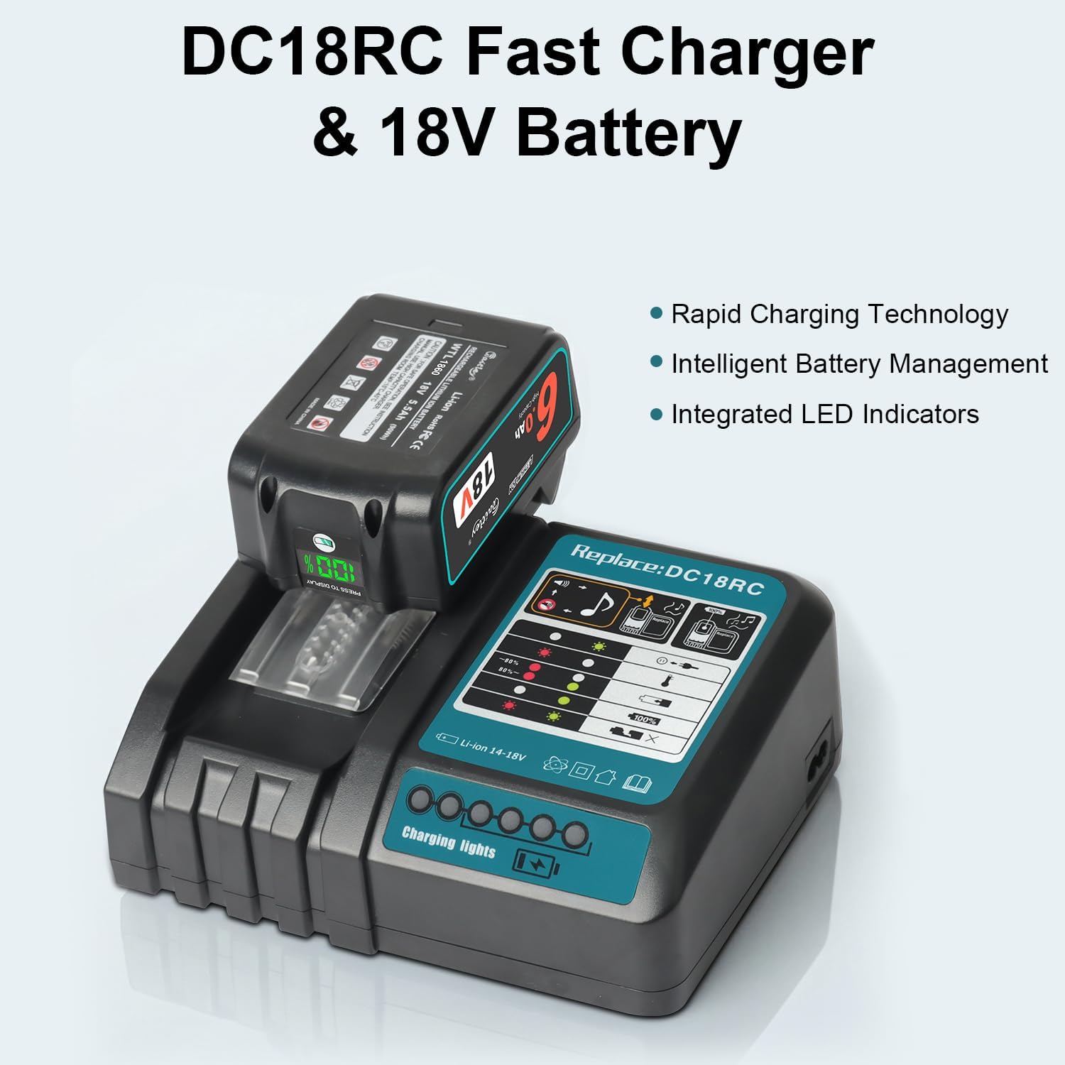 Detalle 2 de Waitley Schnellladegerät DC18RC (kompatibel mit Makita 18V/14,4V) für 18V-Akkus